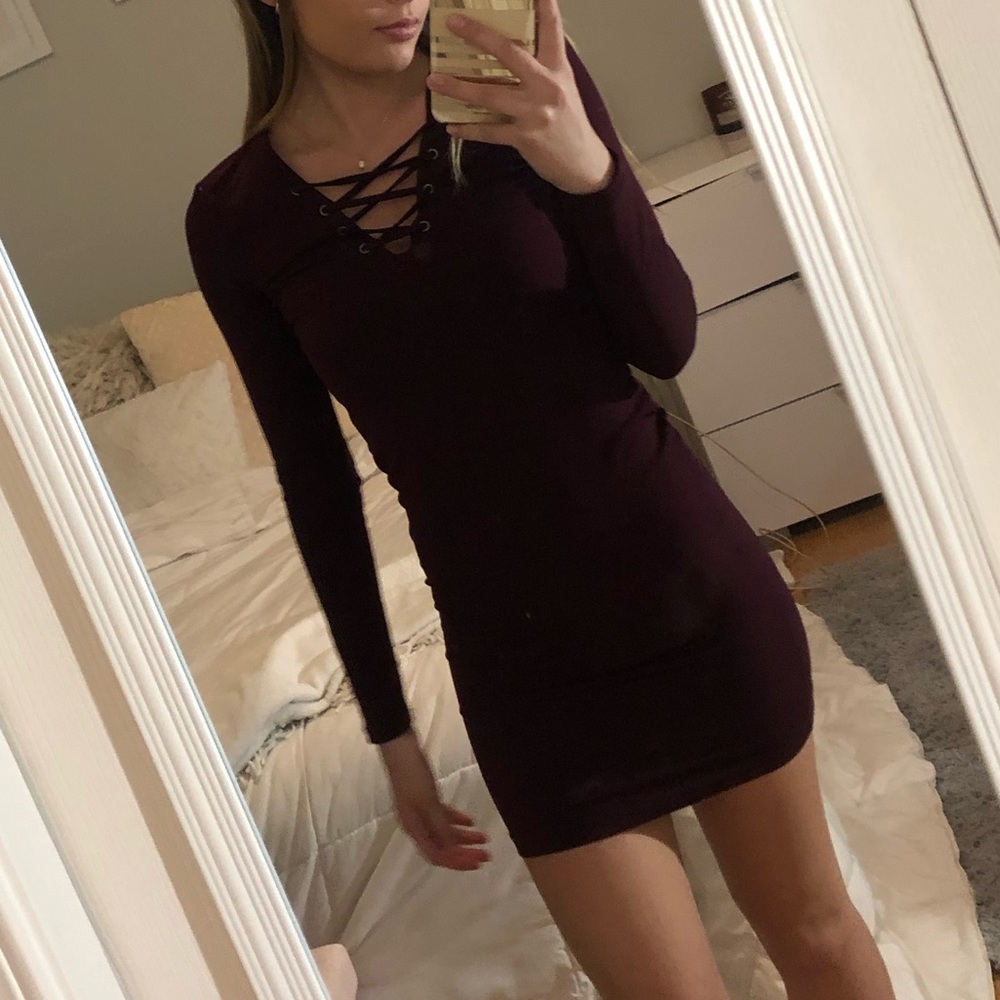 Long sleeve mini dress wine color